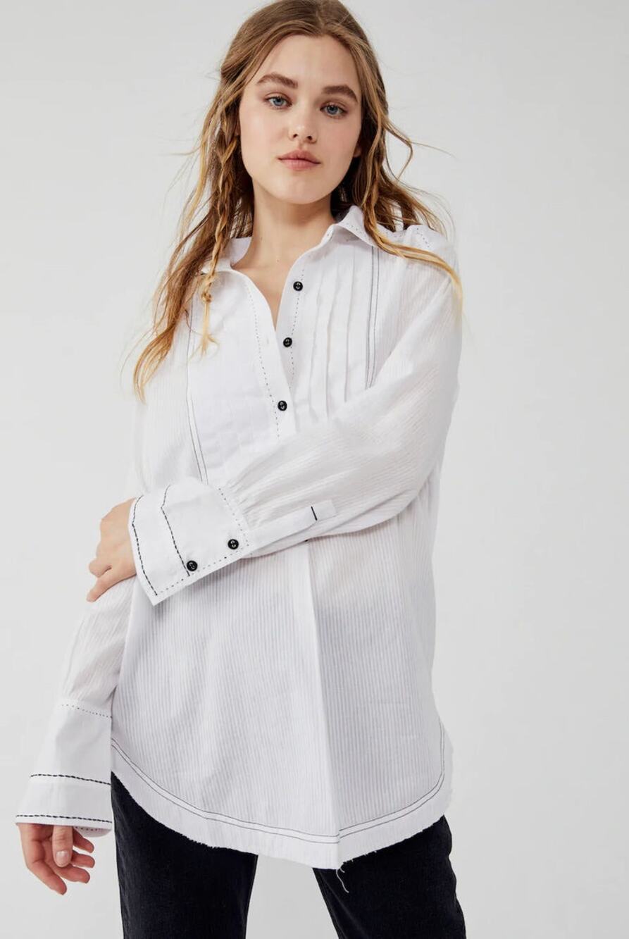 Free People We The Free Black Tie Tux Shirt Blouse in White Size XL NWT